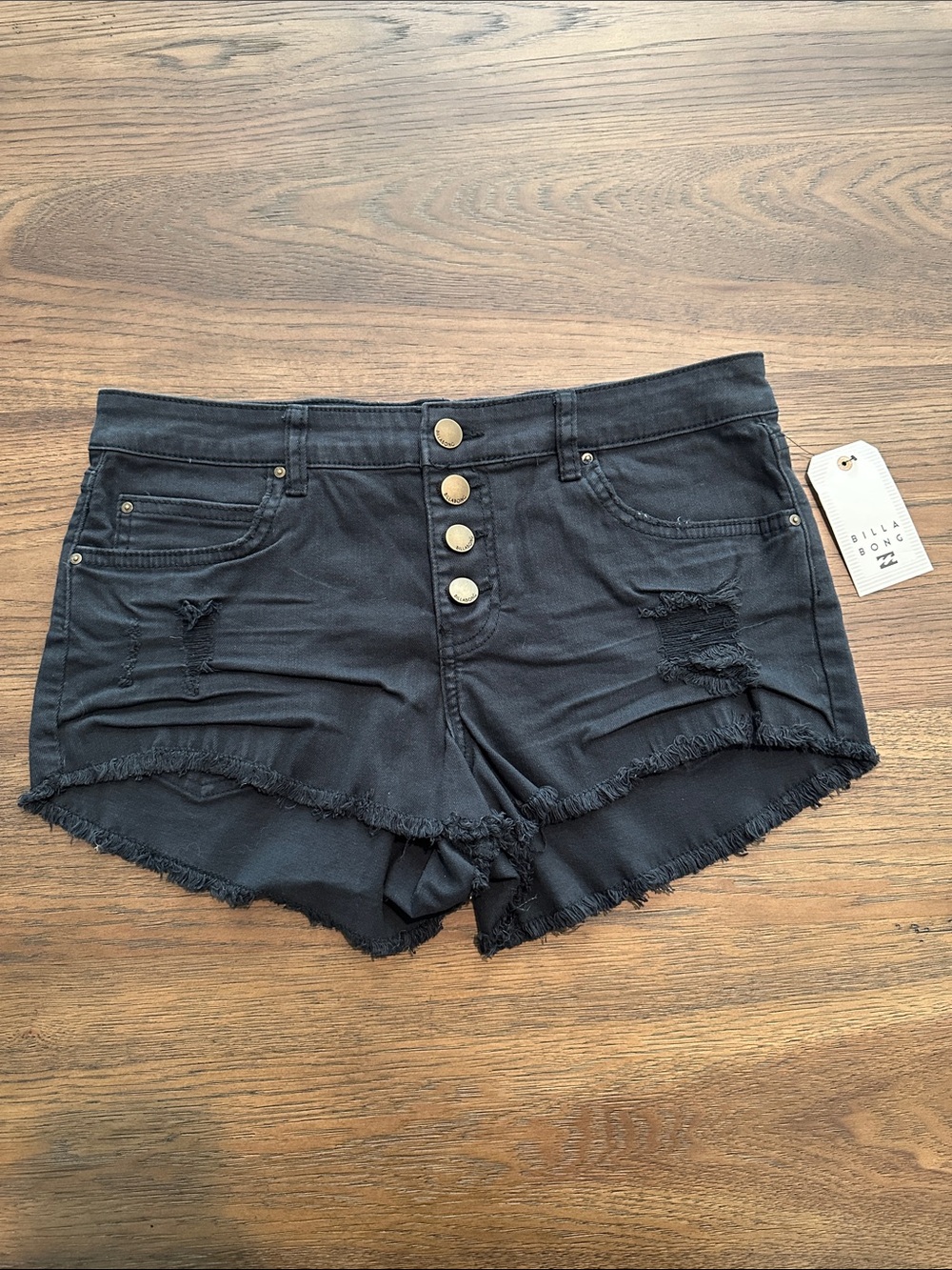 Billabong Black Distressed Button-Front High-Rise Jean Shorts